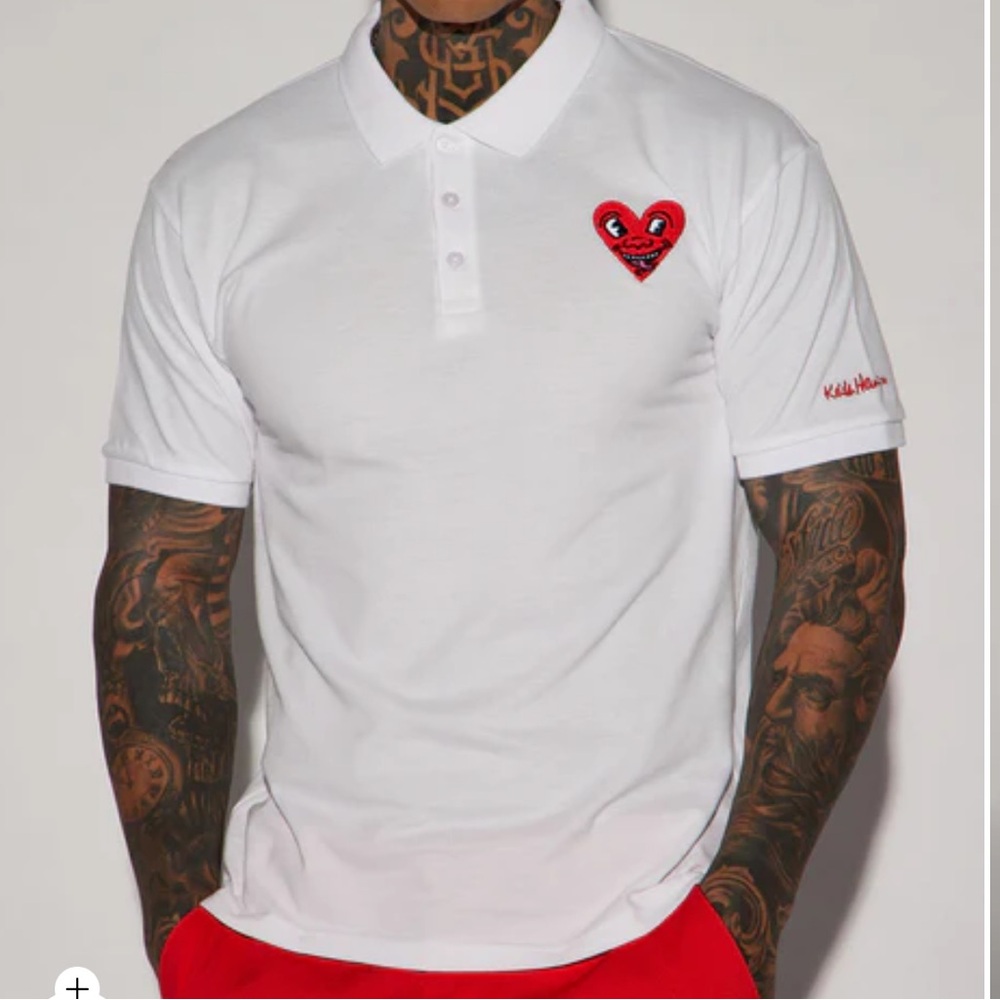 NWT Keith Haring Mens Heart White Short Sleeve Collared Polo Cotton Shirt Large